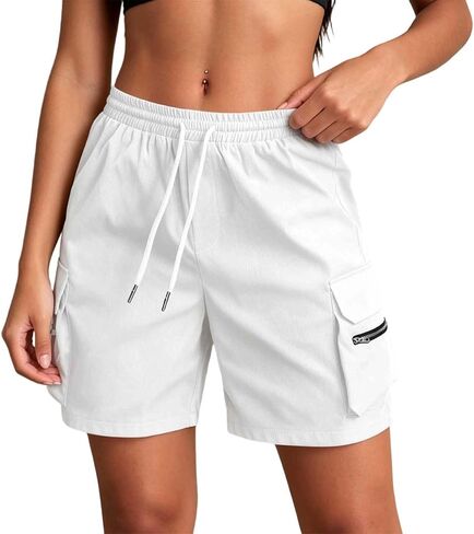 Drawstring Cargo Shorts for Women with Pockets Summer Casual Y2k Elastic High Waisted Wide Leg Bermuda Shorts in Saudi Arabia
