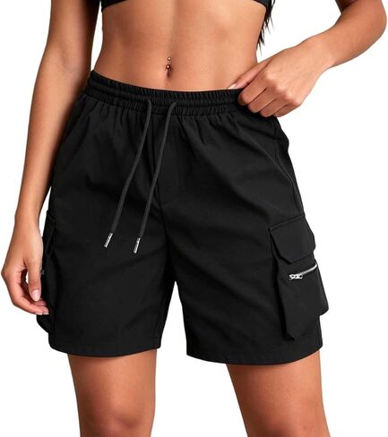 Drawstring Cargo Shorts for Women with Pockets Summer Casual Y2k Elastic High Waisted Wide Leg Bermuda Shorts in Saudi Arabia
