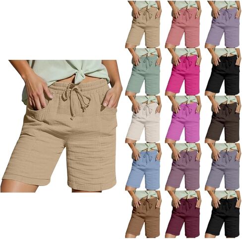 Knee Length Shorts for Women Casual Summer 2026 Drawstring High Waisted Lounge Bermuda Linen Shorts with Pockets in Saudi Arabia