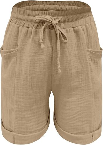 Knee Length Shorts for Women Casual Summer 2026 Drawstring High Waisted Lounge Bermuda Linen Shorts with Pockets in Saudi Arabia