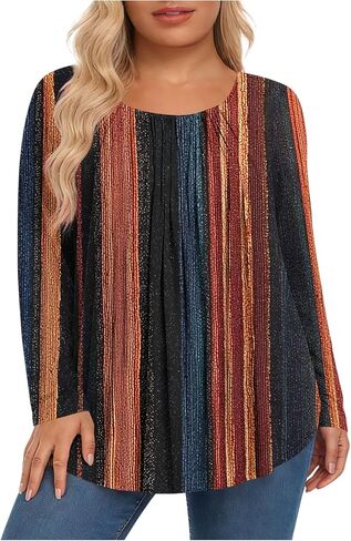 Ctreela Long Sleeve Shirts for Women Floral Printed Crewneck Tunic Tops Front Pleated Baggy Vacation Lounge Blouses in Kuwait