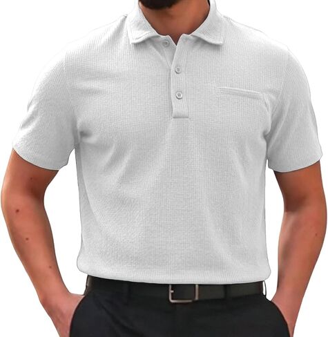 Summer T Shirts for Men Casual Loose Fit Mesh Ice Silk Button Down Collar Short Sleeve Golf Shirts with Pockets in Saudi Arabia