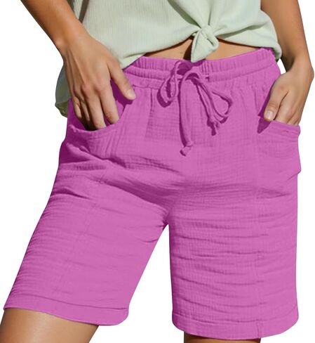 Knee Length Shorts for Women Casual Summer 2026 Drawstring High Waisted Lounge Bermuda Linen Shorts with Pockets in Saudi Arabia