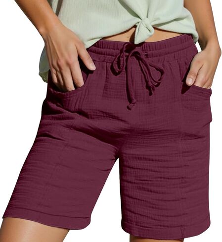 Knee Length Shorts for Women Casual Summer 2026 Drawstring High Waisted Lounge Bermuda Linen Shorts with Pockets in Saudi Arabia