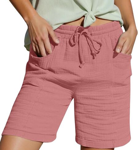 Knee Length Shorts for Women Casual Summer 2026 Drawstring High Waisted Lounge Bermuda Linen Shorts with Pockets in Saudi Arabia