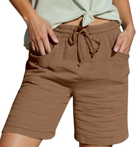 Knee Length Shorts for Women Casual Summer 2026 Drawstring High Waisted Lounge Bermuda Linen Shorts with Pockets in Saudi Arabia