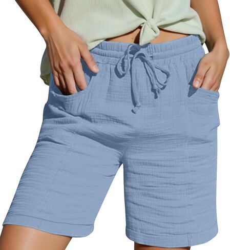 Knee Length Shorts for Women Casual Summer 2026 Drawstring High Waisted Lounge Bermuda Linen Shorts with Pockets in Saudi Arabia