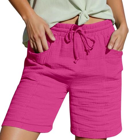 Knee Length Shorts for Women Casual Summer 2026 Drawstring High Waisted Lounge Bermuda Linen Shorts with Pockets in Saudi Arabia