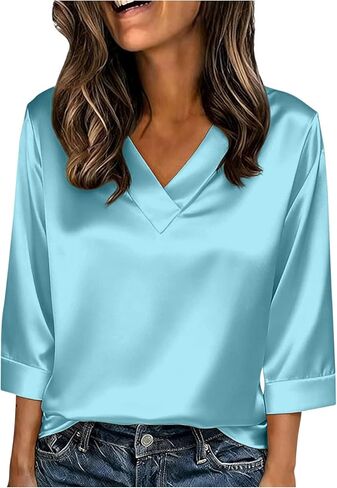 Satin Shirts for Women Dressy V Neck Three Quarter Sleeve Tee Tops Business Casual Loose Work Tunic Blouses in Kuwait