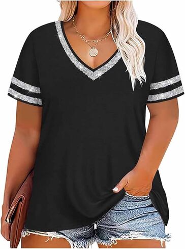 Ctreela Women Short Sleeve Tee Shirts with Sequin Trim Plus Size Vneck Casual Tunic Blouses Going Out Tees for Daily in Kuwait