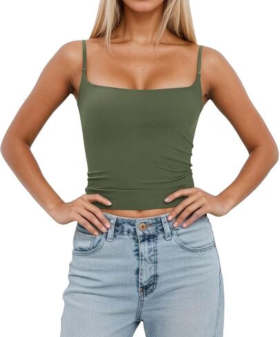 Women Tank Tops with Built in Bra Sets 2pc Square Neck Removable Padded Adjustable Strap Y2k Going Out Cami Top in Saudi Arabia