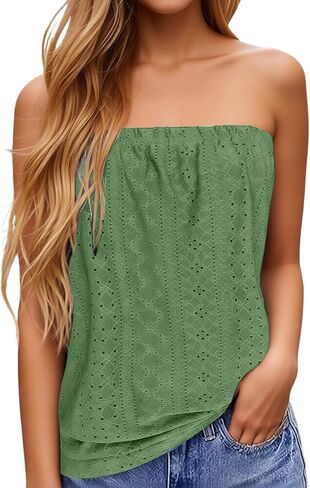 Eyelet Tops for Women Trendy Plus Size Casual Summer Backless Strapless Shirts Sleeveless Eyelet Bandeau Tank Top in Saudi Arabia