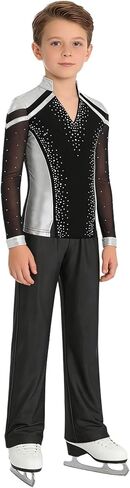 Sparkly Dance Outfits Sets for Boys Kids Ice Skating Suits Stage Performance Competitions Silver+Black 14 Years in Saudi Arabia