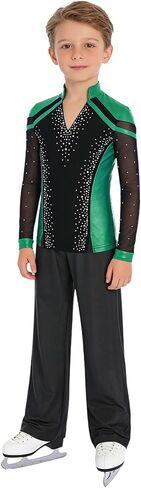 Sparkly Dance Outfits Sets for Boys Kids Ice Skating Suits Stage Performance Competitions Green+Black 12 Years in Saudi Arabia