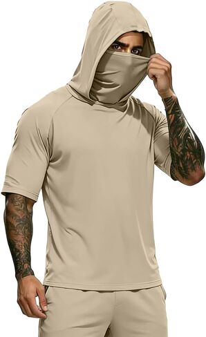 Hooded Tops Outdoor Hiking Fishing Shirts for Men, Face Mask Solid Color Lightweight Sun Protection Tees Blouse in Saudi Arabia