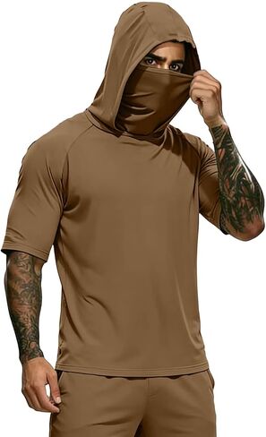 Hooded Tops Outdoor Hiking Fishing Shirts for Men, Face Mask Solid Color Lightweight Sun Protection Tees Blouse in Saudi Arabia