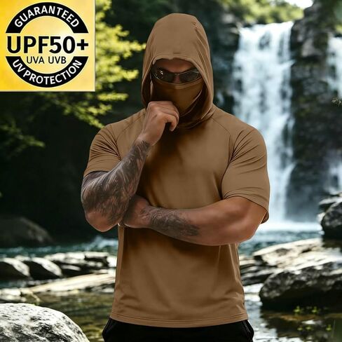 Hooded Tops Outdoor Hiking Fishing Shirts for Men, Face Mask Solid Color Lightweight Sun Protection Tees Blouse in Saudi Arabia