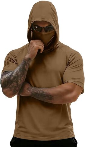 Hooded Tops Outdoor Hiking Fishing Shirts for Men, Face Mask Solid Color Lightweight Sun Protection Tees Blouse in Saudi Arabia