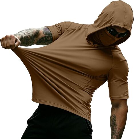Hooded Tops Outdoor Hiking Fishing Shirts for Men, Face Mask Solid Color Lightweight Sun Protection Tees Blouse in Saudi Arabia