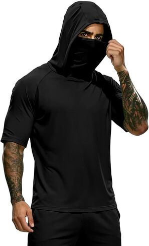 Hooded Tops Outdoor Hiking Fishing Shirts for Men, Face Mask Solid Color Lightweight Sun Protection Tees Blouse in Saudi Arabia