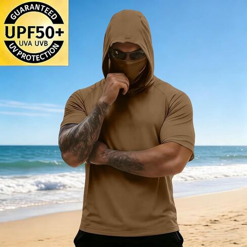 Hooded Tops Outdoor Hiking Fishing Shirts for Men, Face Mask Solid Color Lightweight Sun Protection Tees Blouse in Saudi Arabia