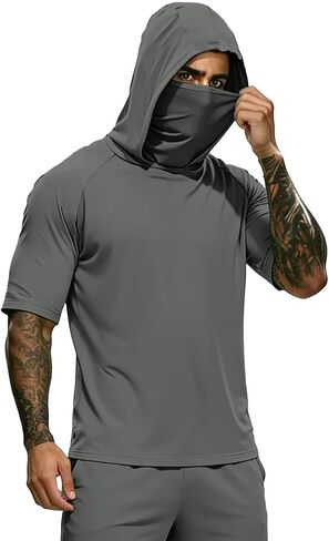 Hooded Tops Outdoor Hiking Fishing Shirts for Men, Face Mask Solid Color Lightweight Sun Protection Tees Blouse in Saudi Arabia