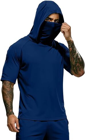 Hooded Tops Outdoor Hiking Fishing Shirts for Men, Face Mask Solid Color Lightweight Sun Protection Tees Blouse in Saudi Arabia