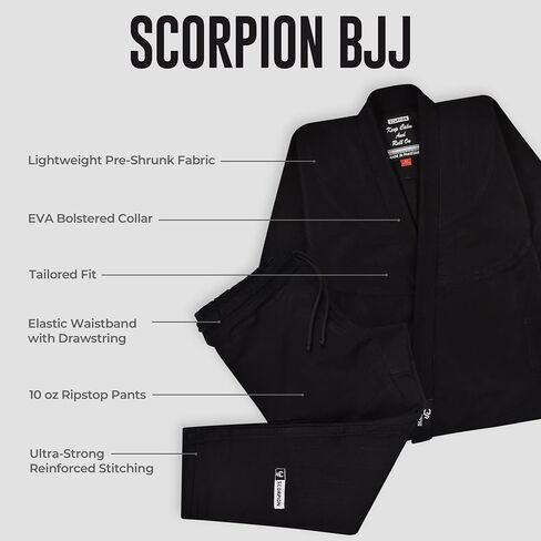 Scorpion Essential 1.0 للرجال BJJ Gi - كيمونو جيو جيتسو البرازيلي معتمد من IBJJF - قماش منكمش مسبقًا وحزام أبيض مجاني in Kuwait