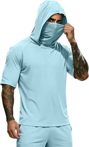 Hooded Tops Outdoor Hiking Fishing Shirts for Men, Face Mask Solid Color Lightweight Sun Protection Tees Blouse in Saudi Arabia