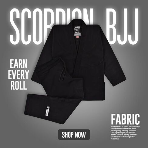 Scorpion Essential 1.0 للرجال BJJ Gi - كيمونو جيو جيتسو البرازيلي معتمد من IBJJF - قماش منكمش مسبقًا وحزام أبيض مجاني in Kuwait