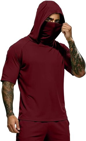Hooded Tops Outdoor Hiking Fishing Shirts for Men, Face Mask Solid Color Lightweight Sun Protection Tees Blouse in Saudi Arabia