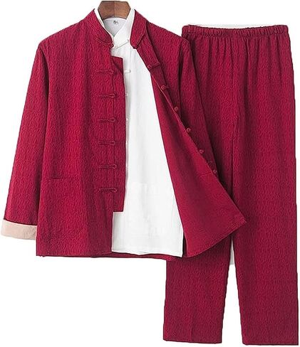 Tang Clothes,tai chi Clothing,Men Martial Arts Uniforms Set of 3 -Tang Suit Chinese Traditional Clothes, Cotton Linen Tai Chi Clothing Coats Pants (Color : Red1, Size : XL) in Kuwait