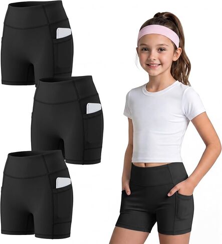 3 Pack Girls Biker Shorts with Pockets Kids Volleyball Cheer Dance Athletic Yoga Shorts for Gymnastics Running in Saudi Arabia