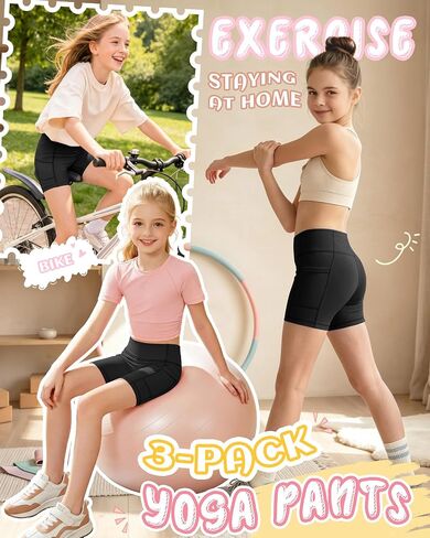 3 Pack Girls Biker Shorts with Pockets Kids Volleyball Cheer Dance Athletic Yoga Shorts for Gymnastics Running in Saudi Arabia