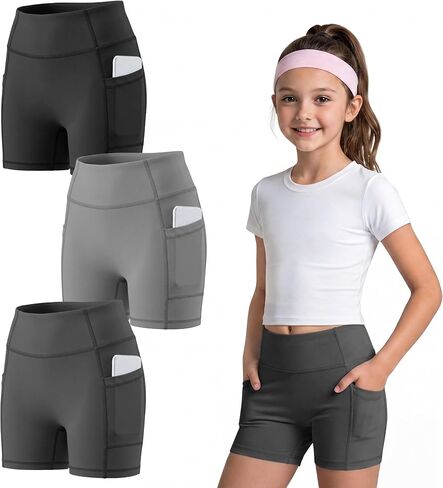 3 Pack Girls Biker Shorts with Pockets Kids Volleyball Cheer Dance Athletic Yoga Shorts for Gymnastics Running in Kuwait