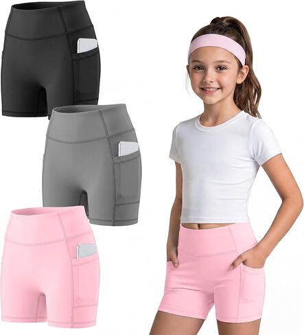 3 Pack Girls Biker Shorts with Pockets Kids Volleyball Cheer Dance Athletic Yoga Shorts for Gymnastics Running in Saudi Arabia