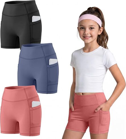 3 Pack Girls Biker Shorts with Pockets Kids Volleyball Cheer Dance Athletic Yoga Shorts for Gymnastics Running in Saudi Arabia