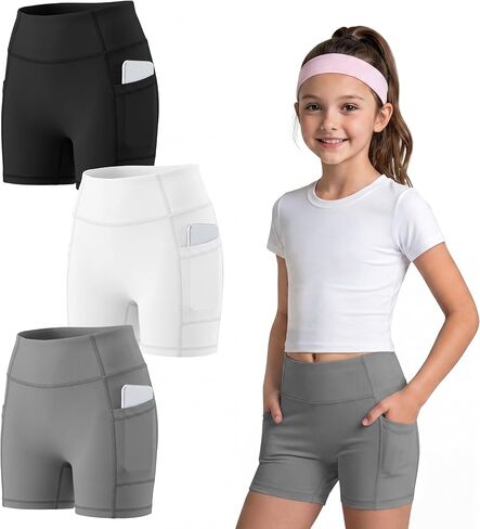 3 Pack Girls Biker Shorts with Pockets Kids Volleyball Cheer Dance Athletic Yoga Shorts for Gymnastics Running in Saudi Arabia