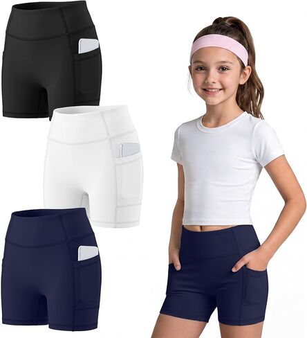 3 Pack Girls Biker Shorts with Pockets Kids Volleyball Cheer Dance Athletic Yoga Shorts for Gymnastics Running in Saudi Arabia
