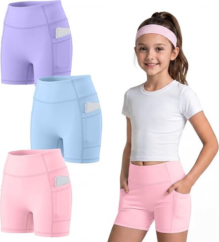 3 Pack Girls Biker Shorts with Pockets Kids Volleyball Cheer Dance Athletic Yoga Shorts for Gymnastics Running in Saudi Arabia