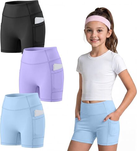 3 Pack Girls Biker Shorts with Pockets Kids Volleyball Cheer Dance Athletic Yoga Shorts for Gymnastics Running in Saudi Arabia