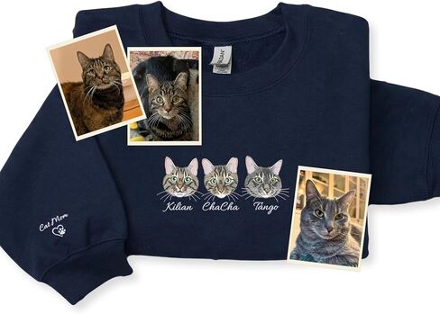 Custom Cat Portrait from Photo Embroidered Sweatshirt with Name Sleeve – Cat Mom Birthday Mothers Day Pet Lover in Saudi Arabia