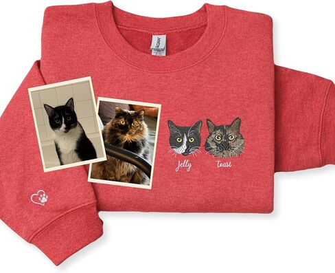 Custom Cat Portrait from Photo Embroidered Sweatshirt with Name Sleeve – Cat Mom Birthday Mothers Day Pet Lover in Saudi Arabia
