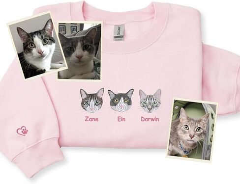 Custom Cat Portrait from Photo Embroidered Sweatshirt with Name Sleeve – Cat Mom Birthday Mothers Day Pet Lover in Saudi Arabia
