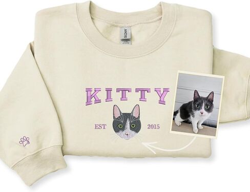 Custom Cat Portrait from Photo Varsity Name Embroidered Sweatshirt with EST Year – Cat Mom Birthday or Pet Lover Gift in Saudi Arabia
