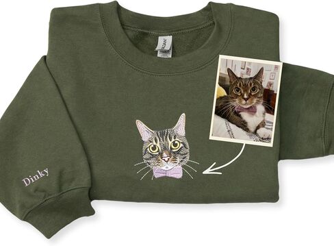 Custom Cat Portrait from Photo Embroidered Sweatshirt with Name Sleeve – Cat Mom Birthday Mothers Day Pet Lover in Saudi Arabia
