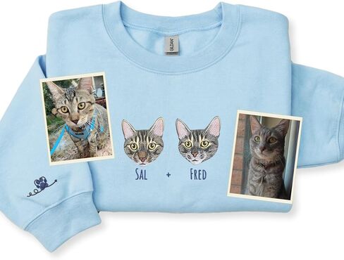 Custom Cat Portrait from Photo Embroidered Sweatshirt with Name Sleeve – Cat Mom Birthday Mothers Day Pet Lover in Saudi Arabia