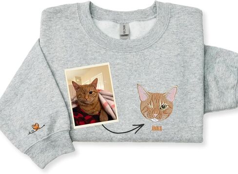 Custom Cat Portrait from Photo Embroidered Sweatshirt with Name Sleeve – Cat Mom Birthday Mothers Day Pet Lover in Saudi Arabia