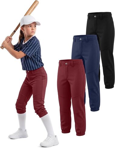 Halfchet 3 Pack Girls Softball Pants Youth Practice Baseball Stretchy Pants with Pockets Belt Loops Toddler for 4t-14y Kids in Saudi Arabia