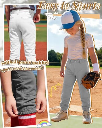 Halfchet 3 Pack Girls Softball Pants Youth Practice Baseball Stretchy Pants with Pockets Belt Loops Toddler for 4t-14y Kids in Saudi Arabia